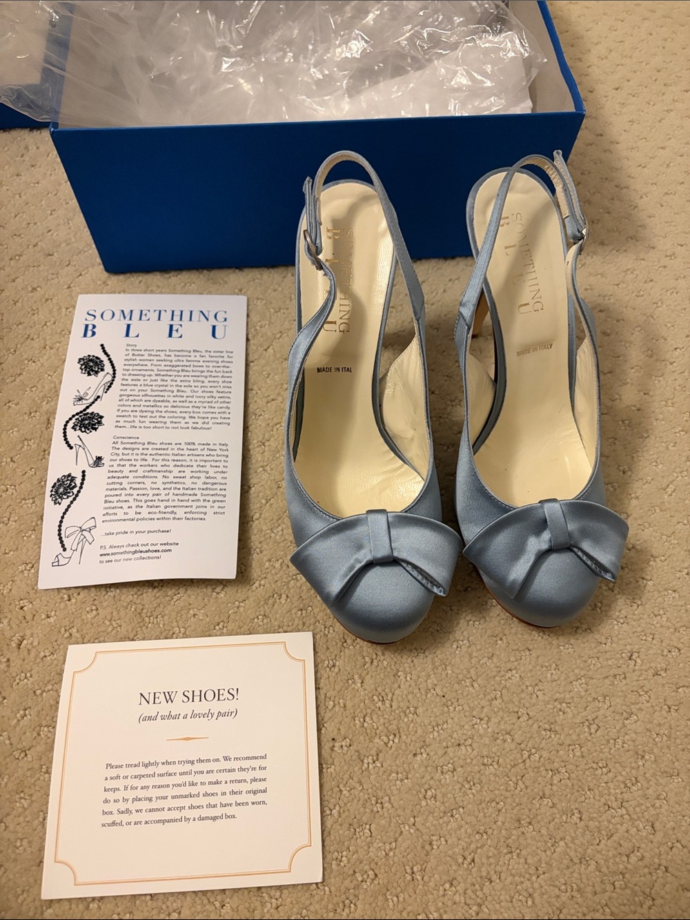 Something Bleu Bridal Light Blue Satin Peep Toe Slingback Heels - Picture 5 of 8